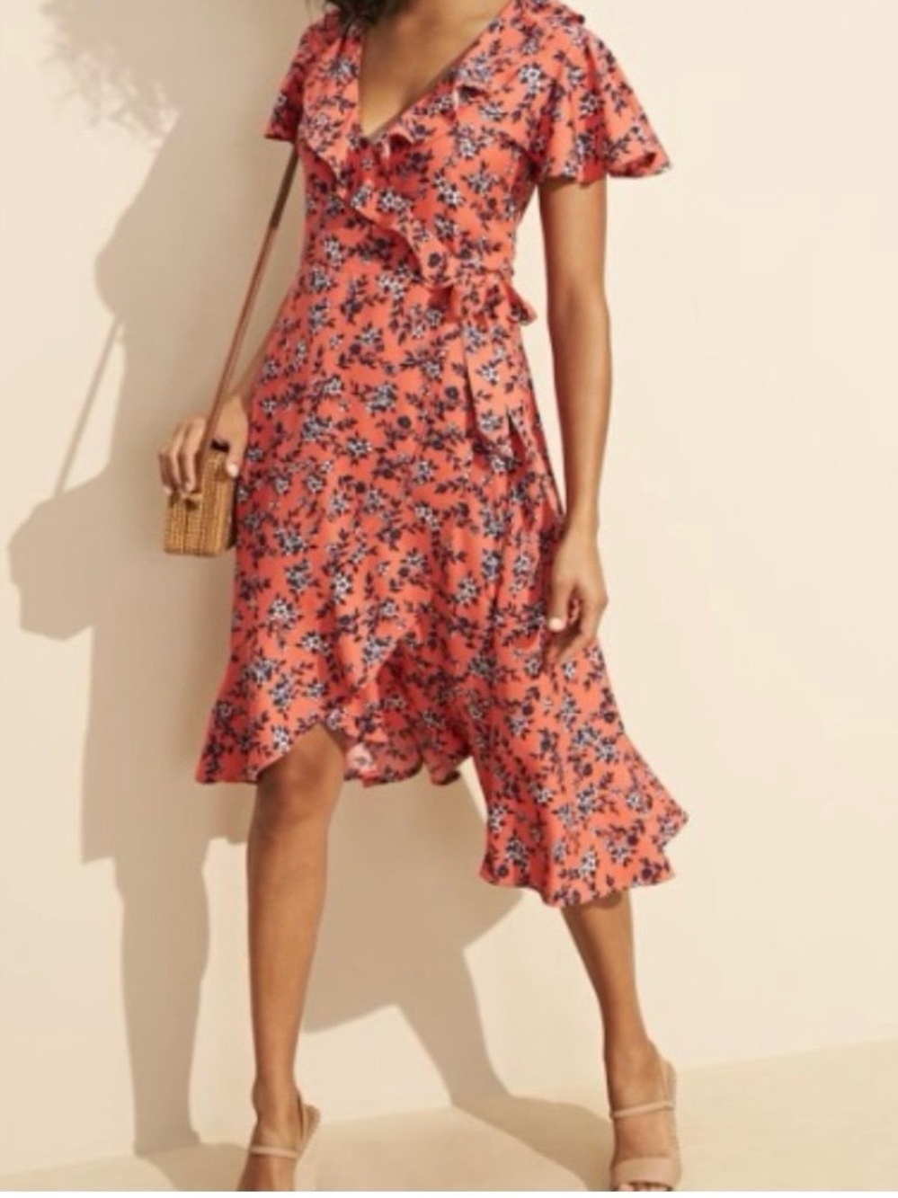 Time and Tru Coral ruffle Wrap Midi Dress with Navy Floral Motif